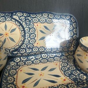 Temp-Tations Blue and Cream Ceramic Art with Folk Motifs